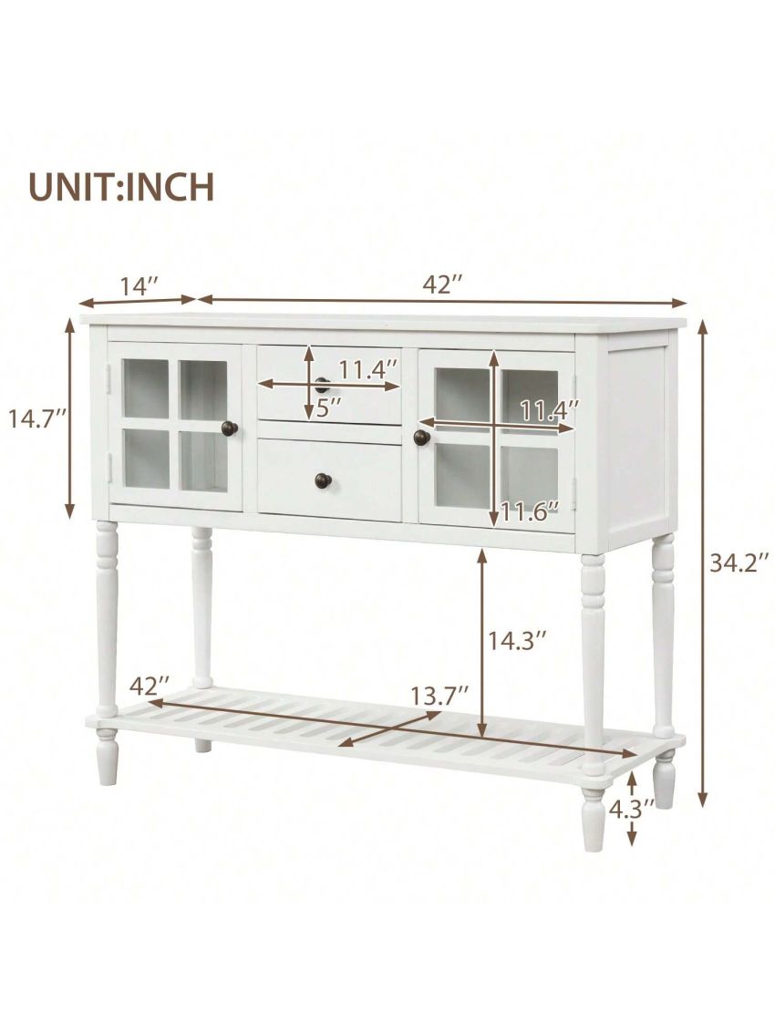 Sideboard Console Table with Bottom Shelf, Farmhouse Wood/Glass Buffet Storage Cabinet Living Room