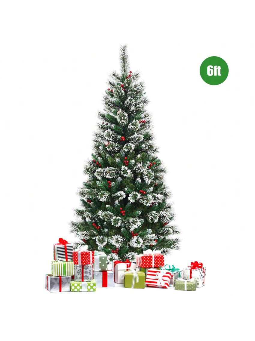 Gymax 6 FT Artificial Christmas Tree Snow Flocked Hinged Tree w/ Red Berries