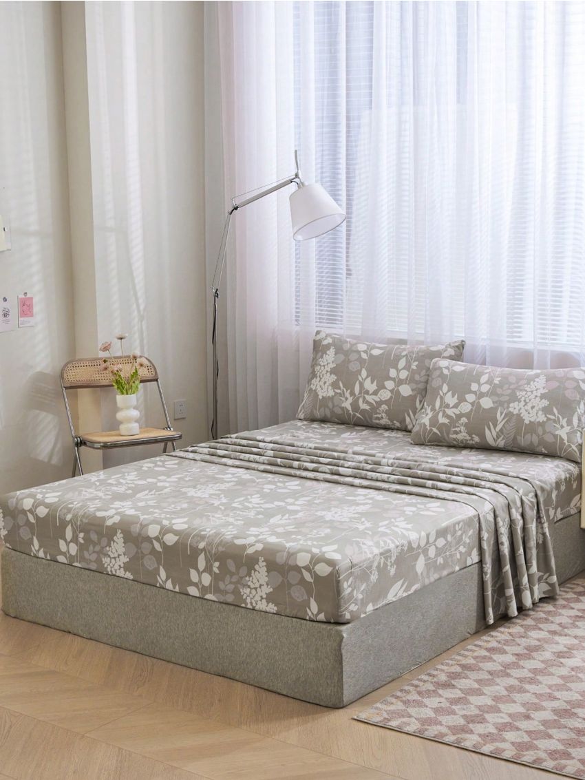 Polyester Grey Botanical Floral Pattern Bedding Set, 4pcs