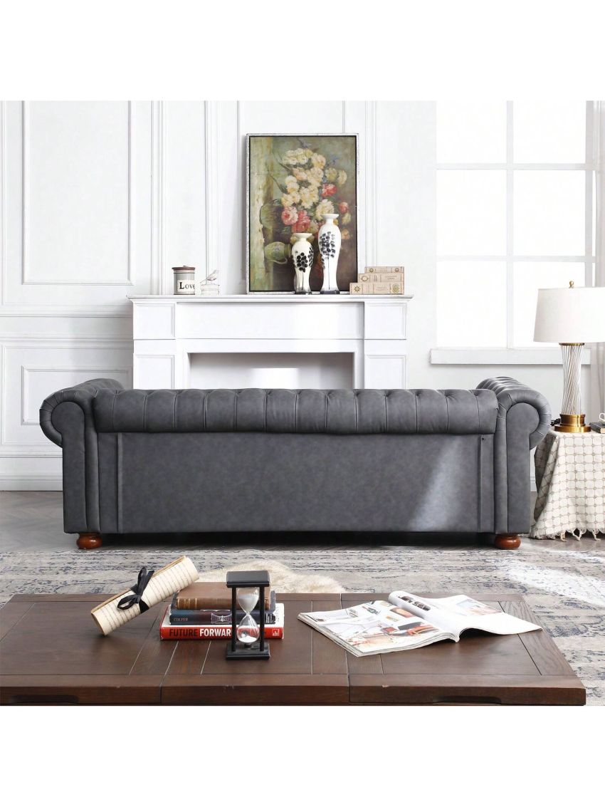 Leather Couches for Living Room, 3 Seater Classic Chesterfield Sofa Couch with Button Tufted Back and Roll Arms, 88.5-Inch Faux Leather Sofa with Nailhead Trim and Solid Wood Legs