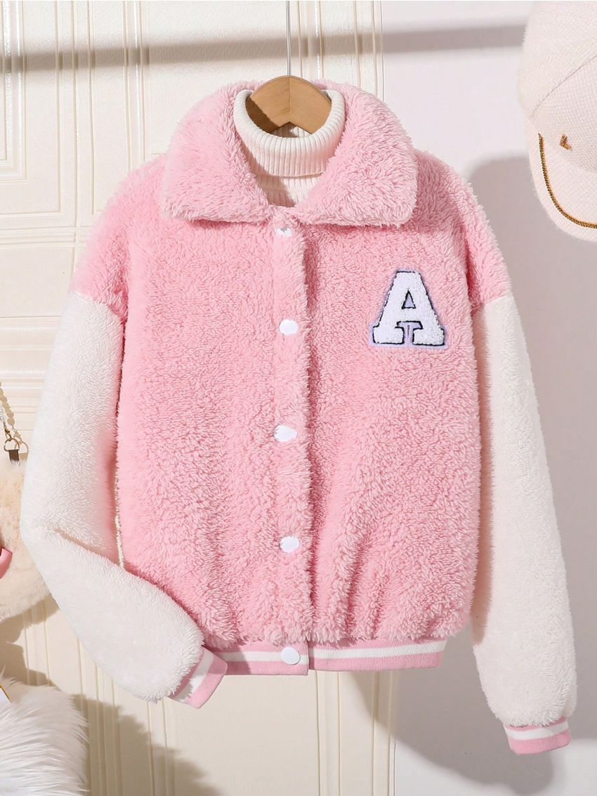 Tween Girl Letter Patched Striped Trim Drop Shoulder Teddy Jacket Without Sweater
