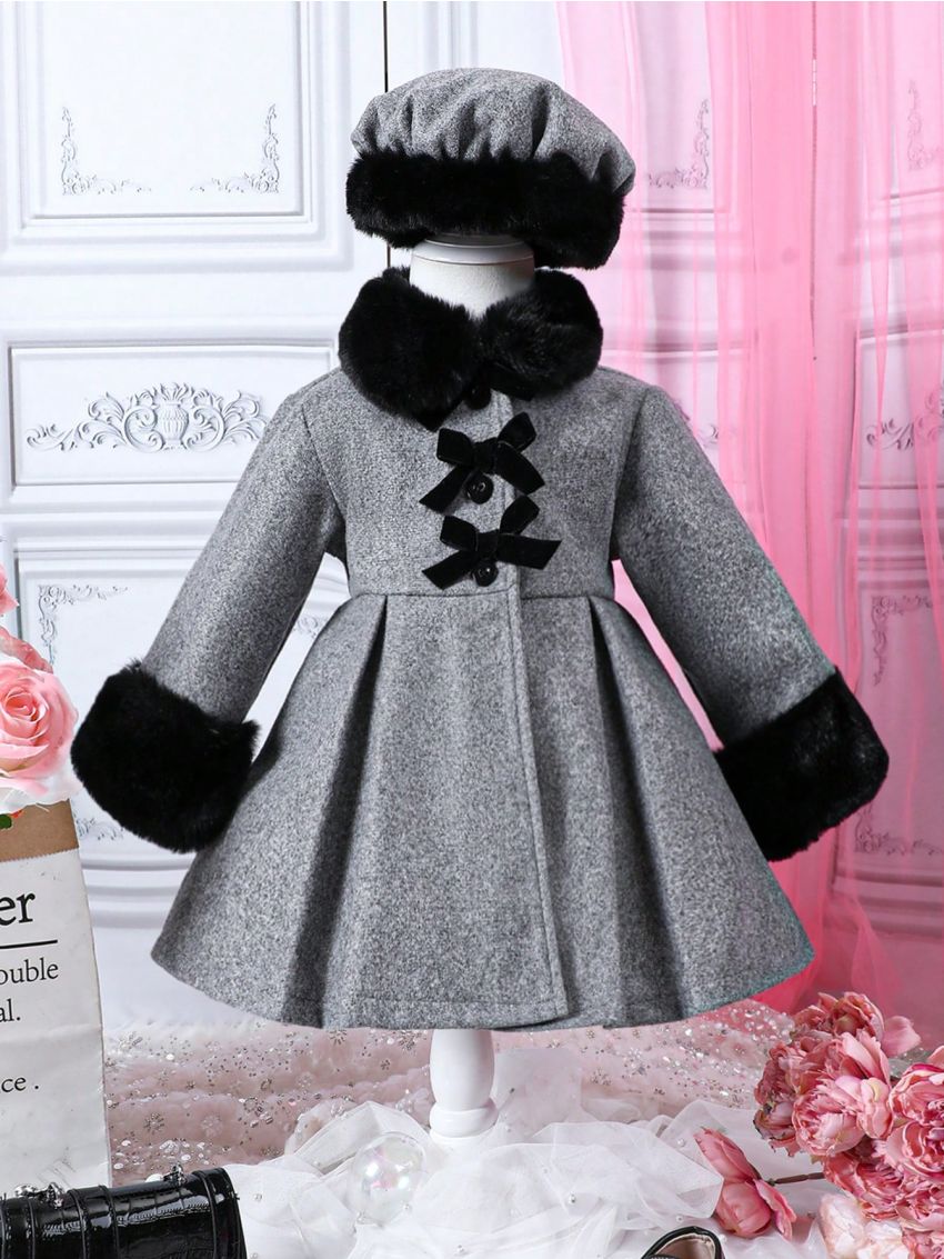 Baby Girl Fuzzy Cuff Bow Front Overcoat & Hat