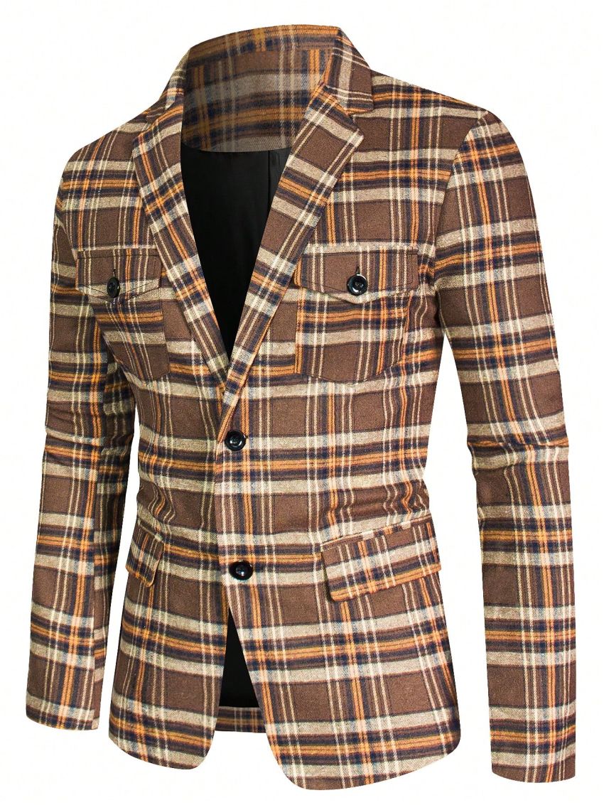 Men Plaid Print Single Breasted Blazer