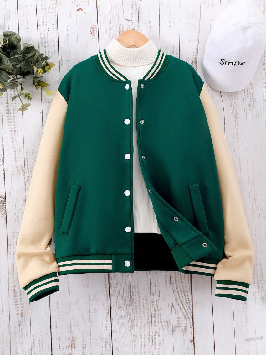 Teen Girls' Casual Letter Embroidery Patchwork Fleece Baseball Jacket For Autumn, Winter