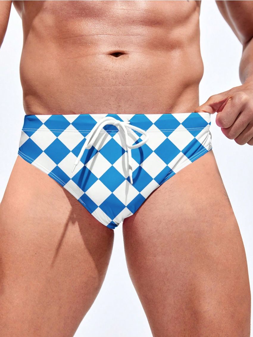 Men's Plus Size Plaid Pattern Drawstring Waist Triangle Swim Trunks