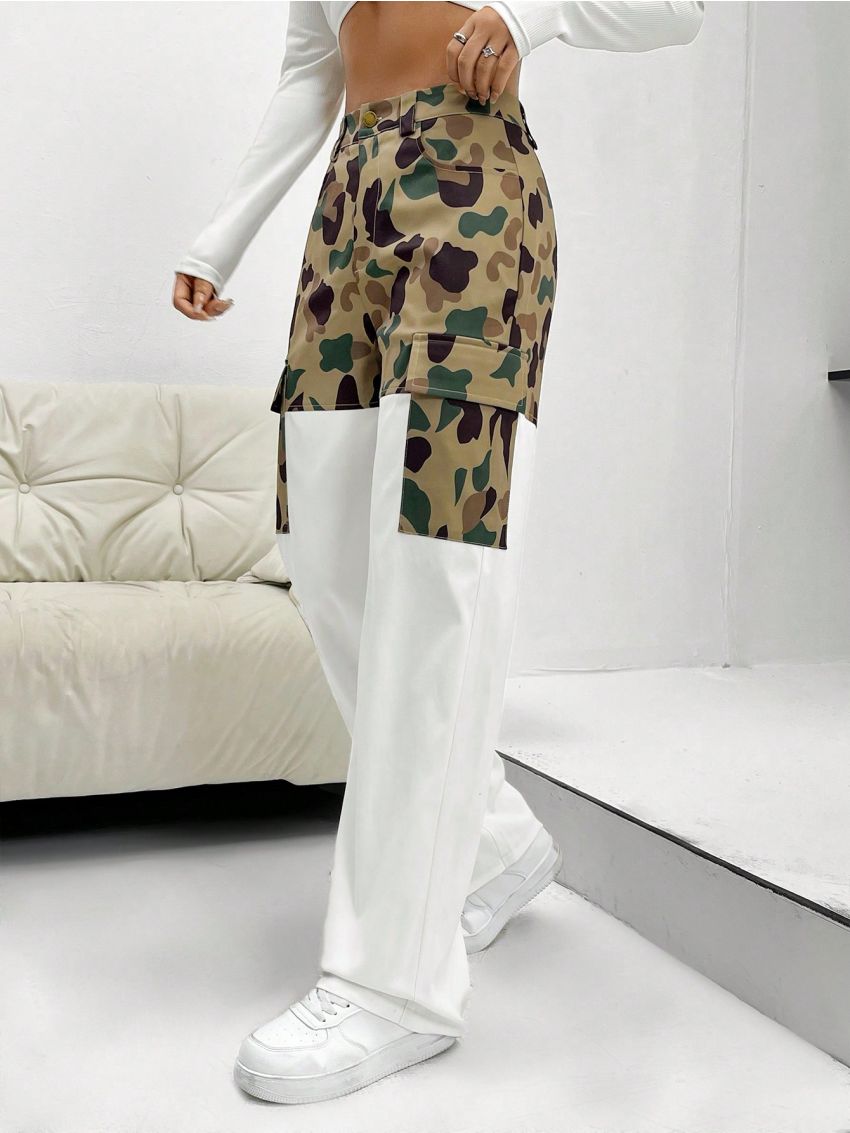 SHEIN Coolane Women'S Patchwork Camouflage Cargo Trousers