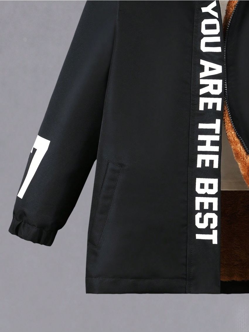 SHEIN Kids HYPEME Boys' Hooded Jacket With Letter Print And Fleece Lining