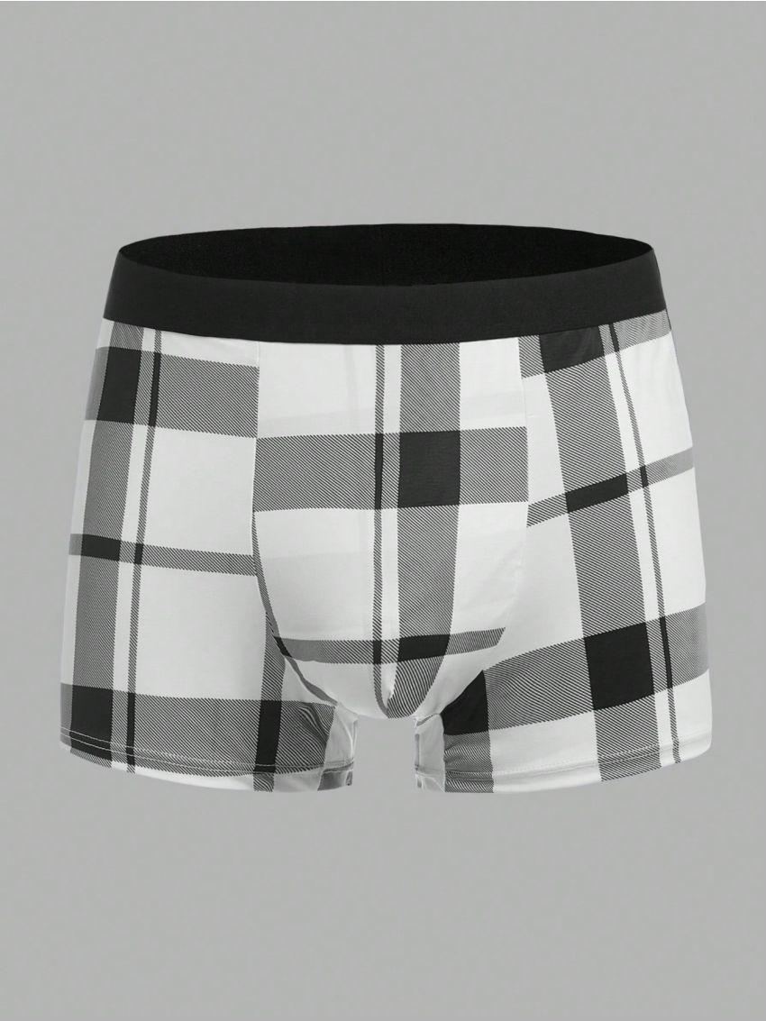 Extended Sizes Men Plaid Print Contrast Tape Boxer Brief