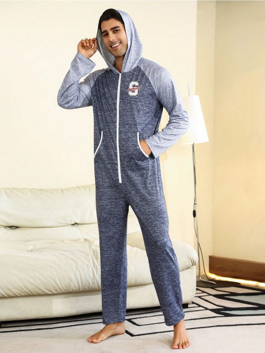 Men's Hooded Letter Print Jumpsuit Lounge Wear