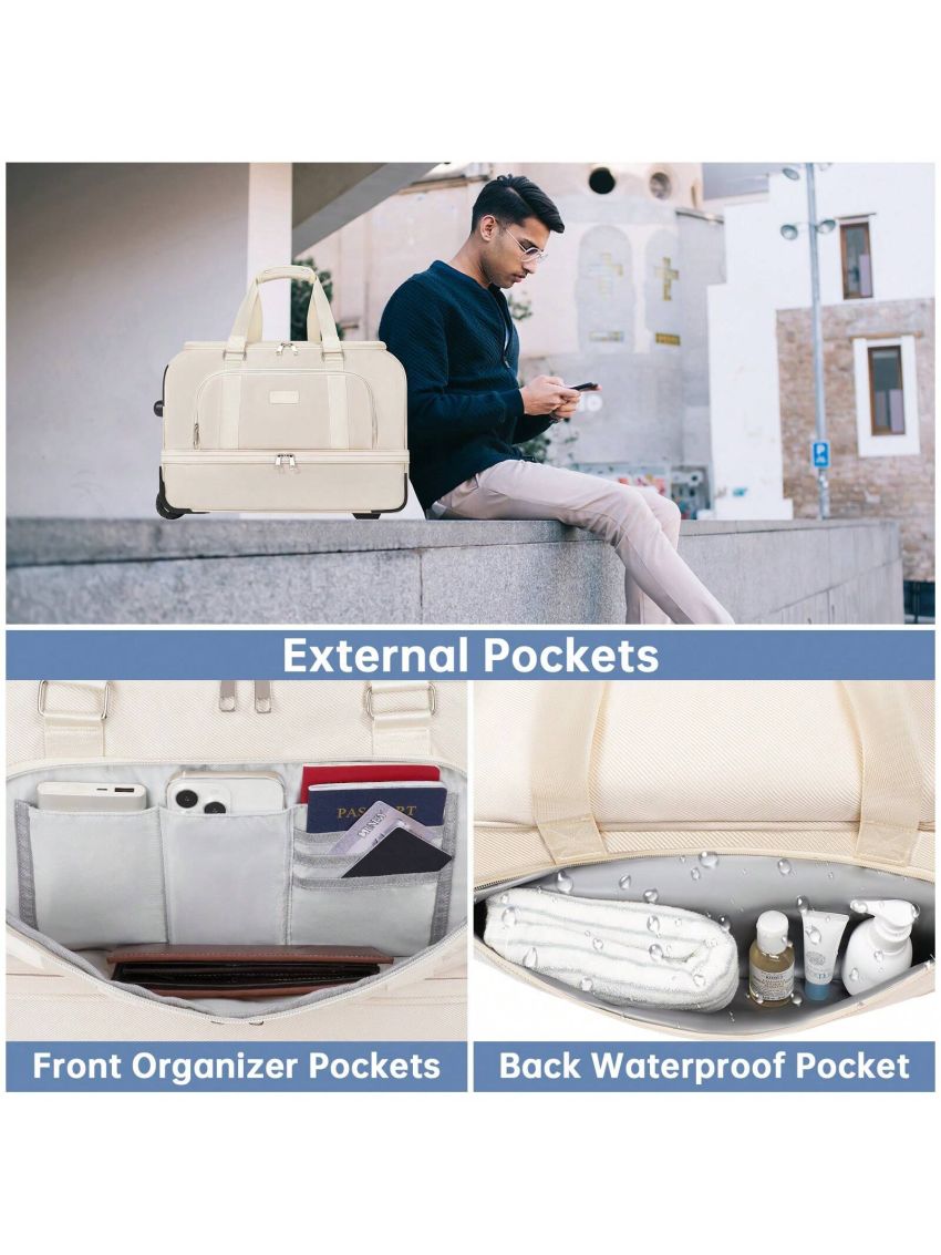 ETRONIK Large Weekender Bags with Shoes Compartment, Rolling Duffel Bag with Wheels, Waterproof Carry on Suitcase with Adjustable Strap for Overnight Trip, Toiletry Bag for Men Women