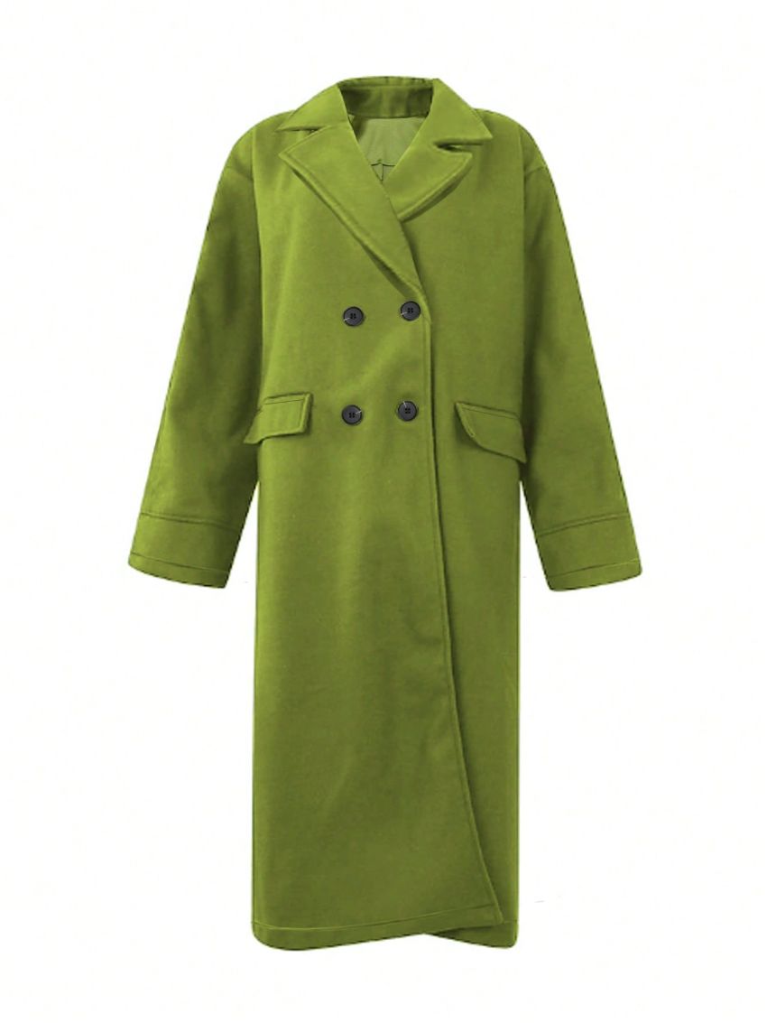 Plus Size Wool Blend Coat With Notch Lapel And Mock Pockets