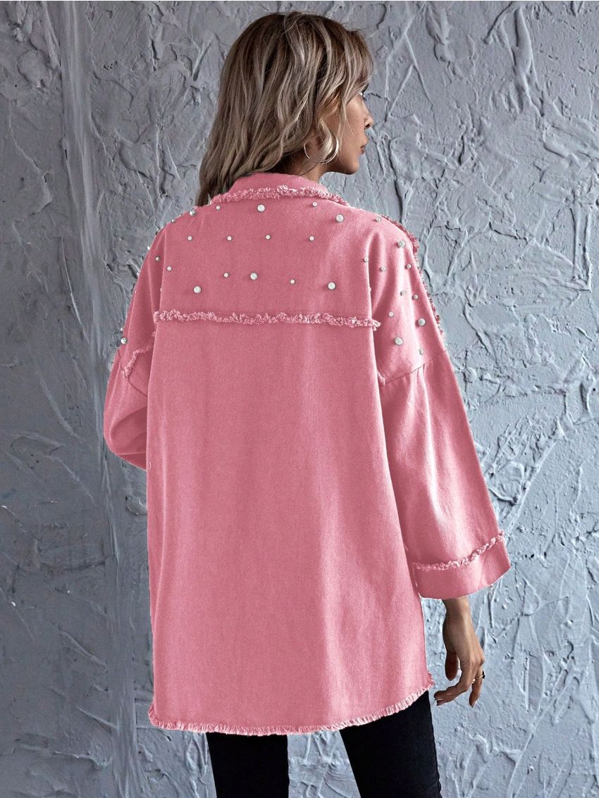 SHEIN LUNE Pearls Beaded Drop Shoulder Raw Hem Coat