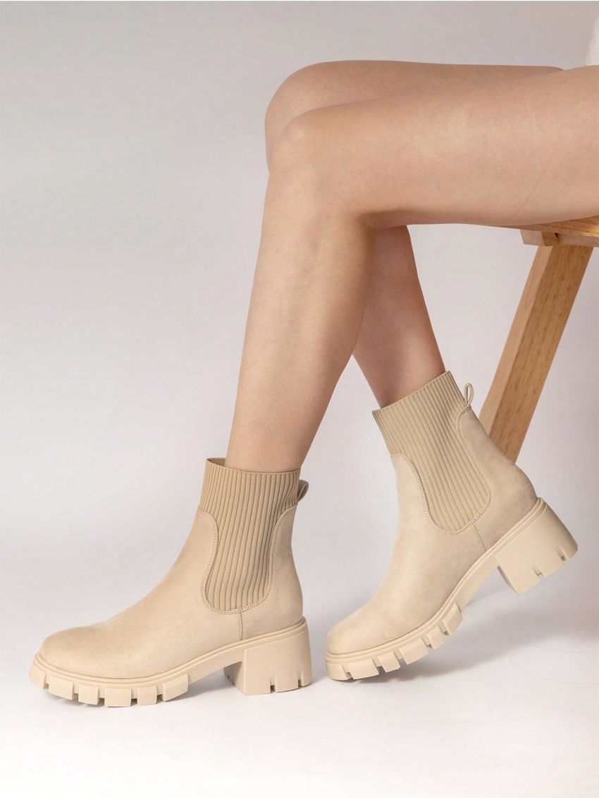 Women's Outdoor Faux Suede 6cm Chunky Heel Round Toe Slip-resistant & Wear-resistant Chelsea Boots, Autumn & Winter