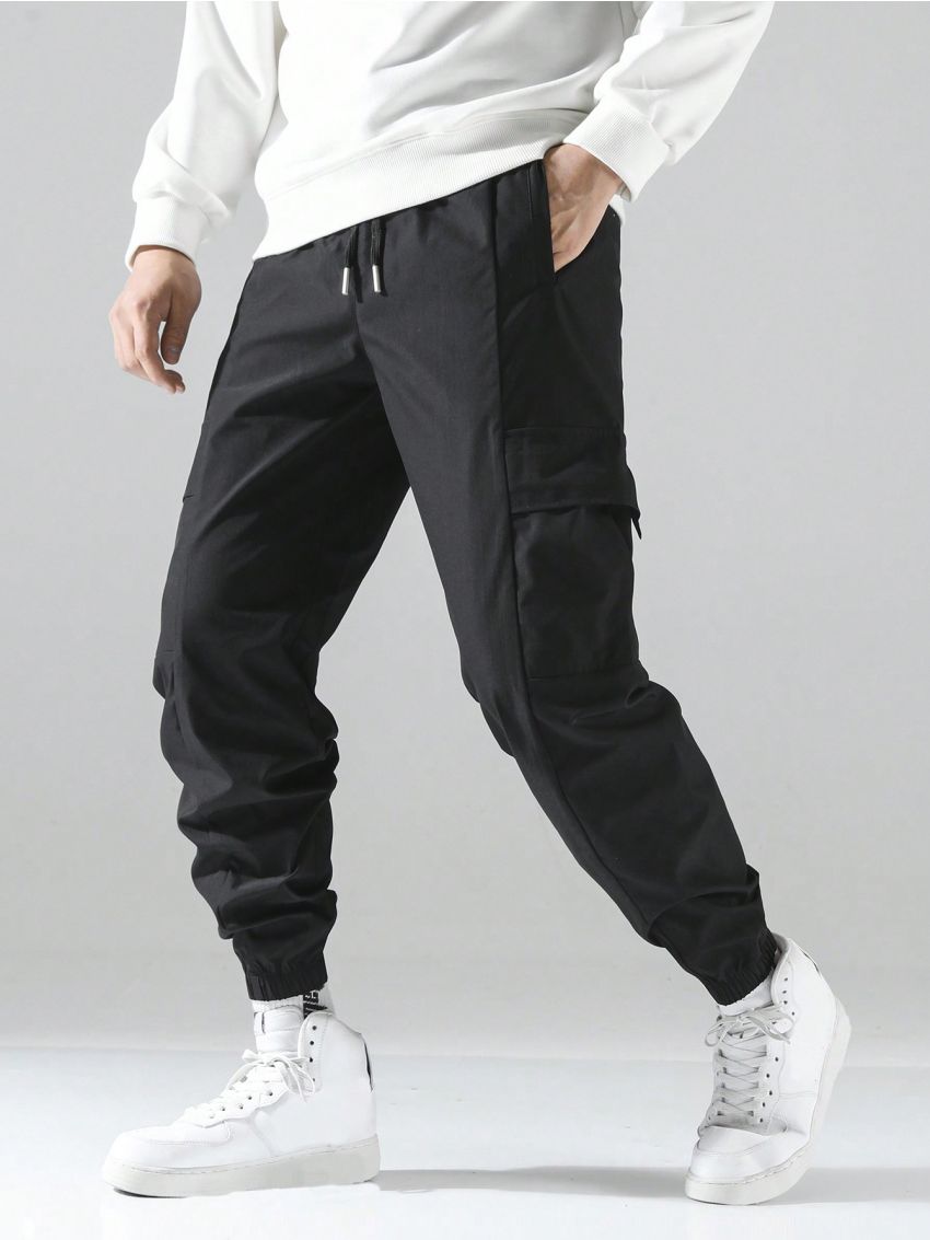 Extended Sizes Men's Solid Color Drawstring Cargo Pants