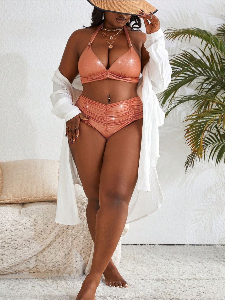 SHEIN Swim Vcay Plus Size Women's Ruffled Halter Neck Swimsuit