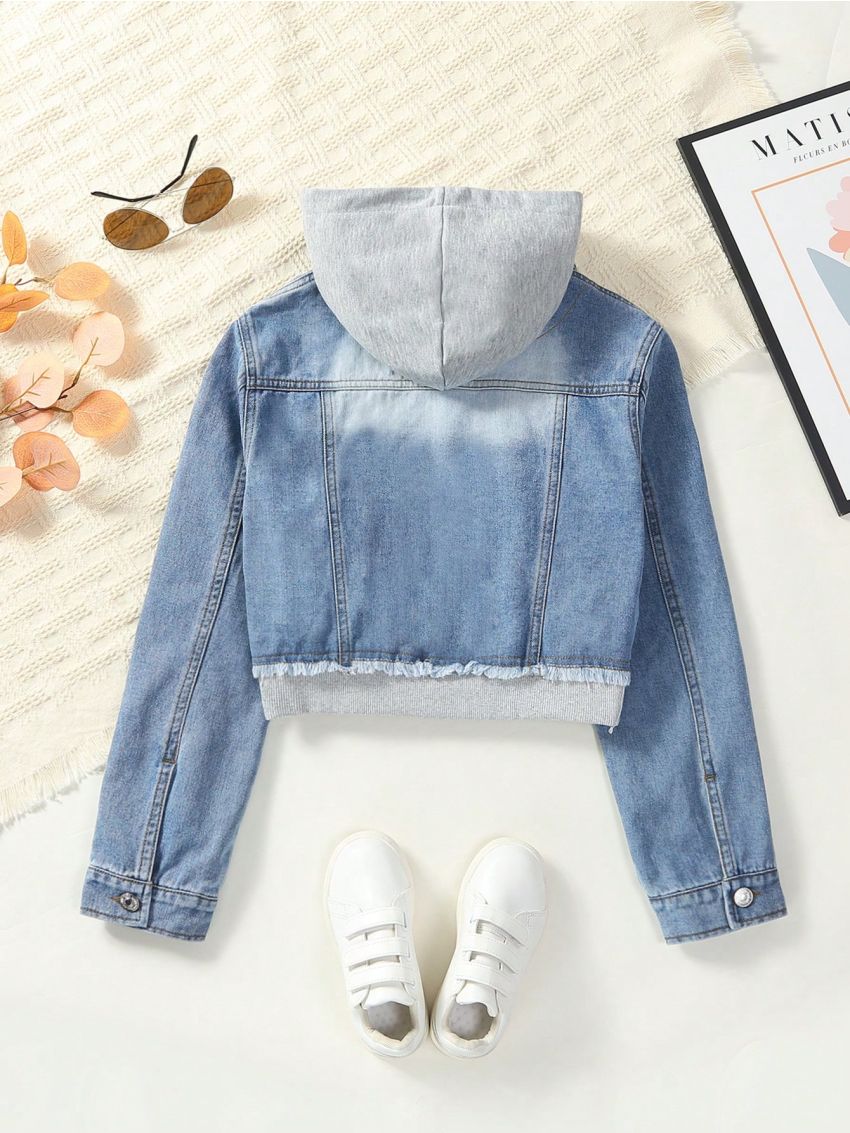 Teen Girl Flap Pocket Hooded 2 In 1 Denim Jacket