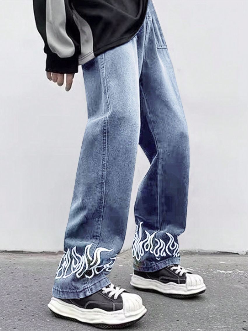 SHEIN Men's Jeans With Flame Pattern Detail