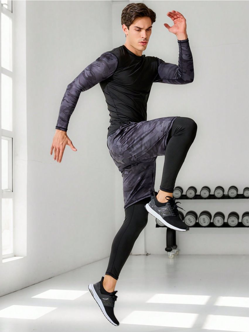 Men's Camouflage Print Long Sleeve T-Shirt, Shorts And Leggings Sports Set