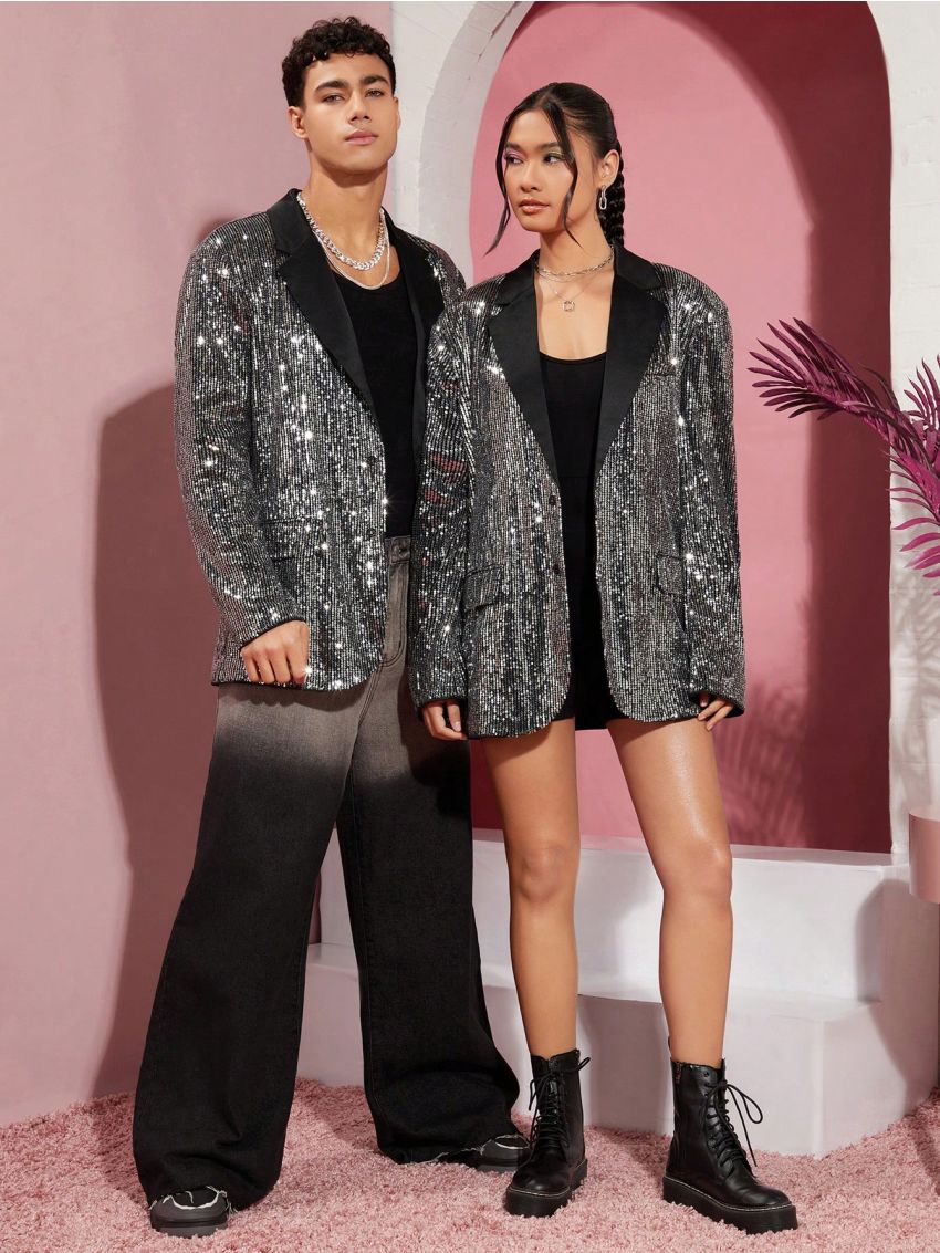 Manfinity Unisex 1pc Men's Loose-Fit Blazer With Glitter Splice Design