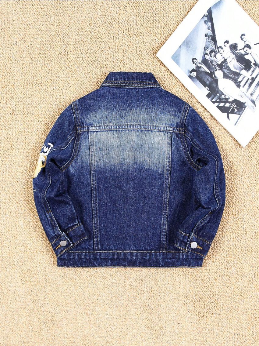 Toddler Boys' Denim Jacket With Letter & Little Bear Print And Distressed Detailing