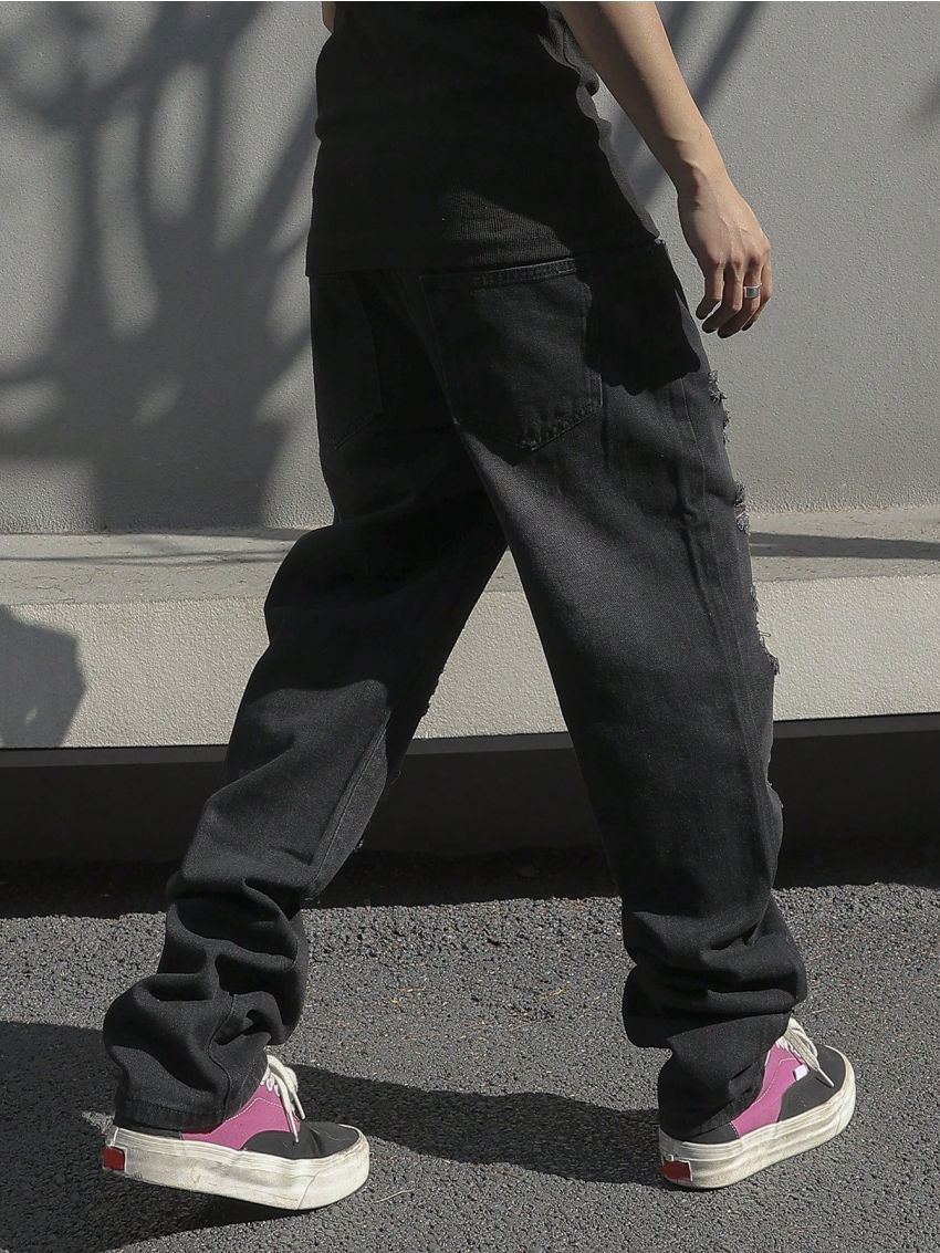 Men's Straight Leg Jeans With Distressed Design