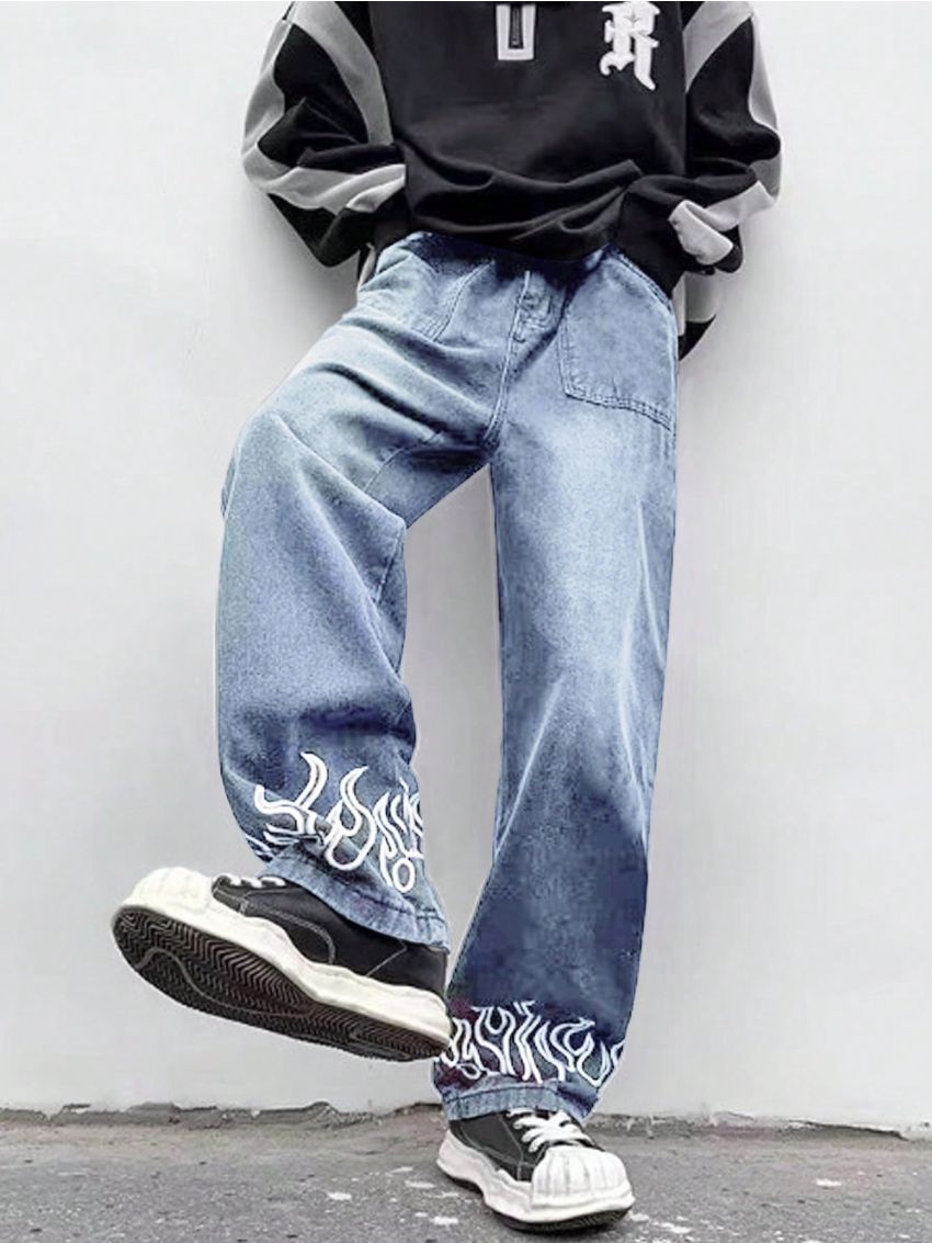 SHEIN Men's Jeans With Flame Pattern Detail