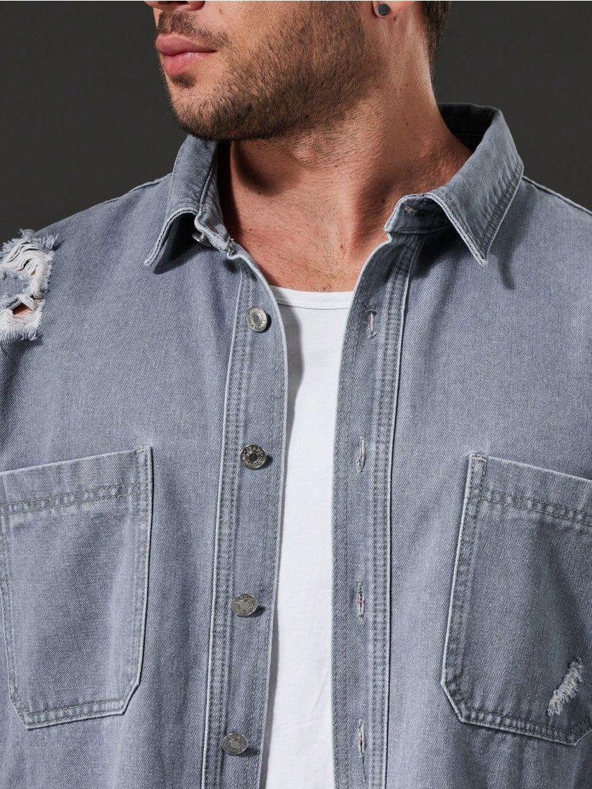 Extended Sizes Men's Plus Size Ripped Denim Shirt