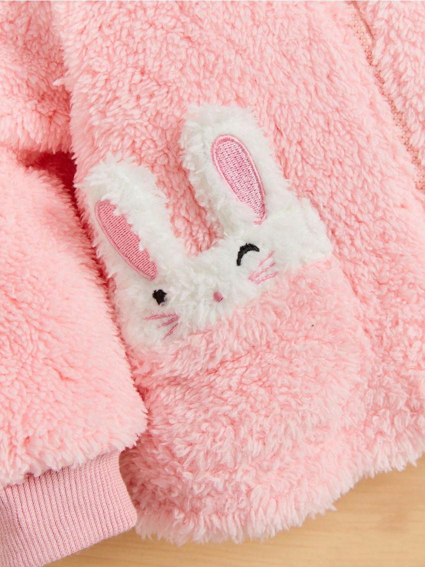 SHEIN Baby Girls' Color Block Hooded Fluffy Jacket With Cute 3d Rabbit Ear Design