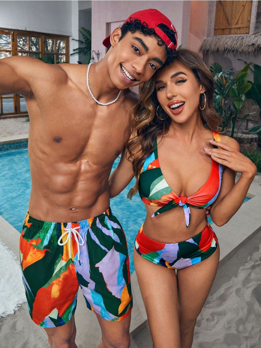 Men's Printed Drawstring Waist Beach Shorts