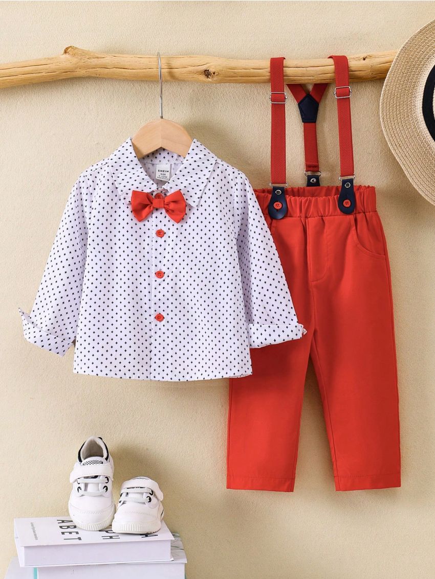 Baby Boys' Printed Long Sleeve Shirt And Casual Bib Overall Pants Set