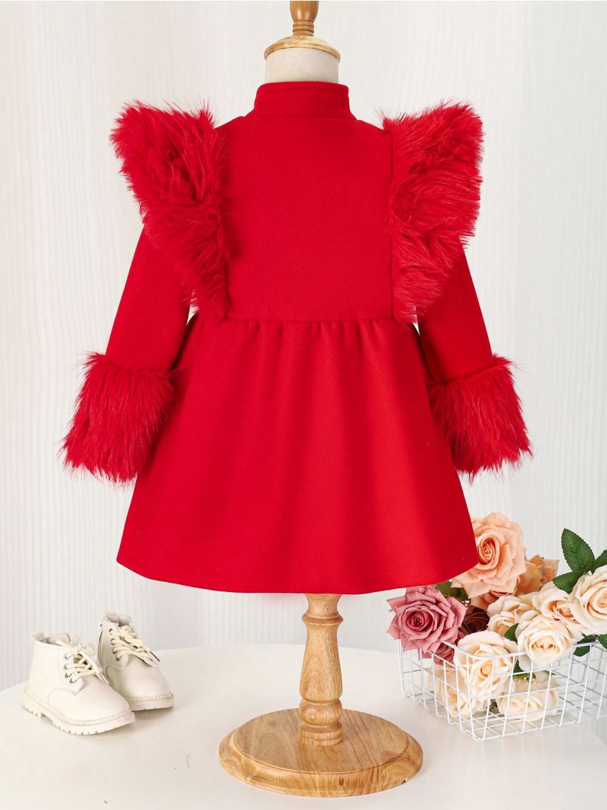 SHEIN Kids Nujoom Young Girl Fuzzy Trim Double Breasted Overcoat