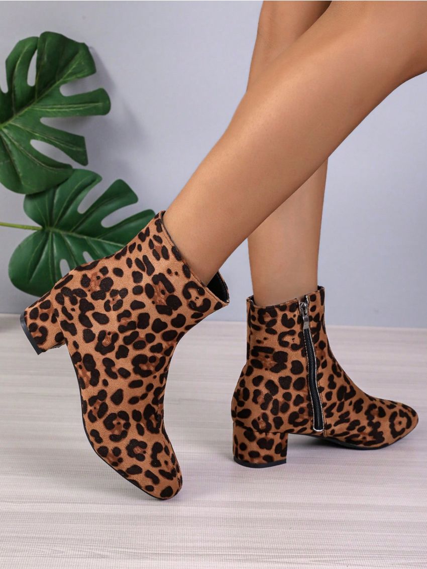 Women's Pointed-toe Side Zipper Leopard Print Ankle Boots, Thick High-heels, Autumn And Winter Fashionable And Versatile, Showing Thin, Female Boots