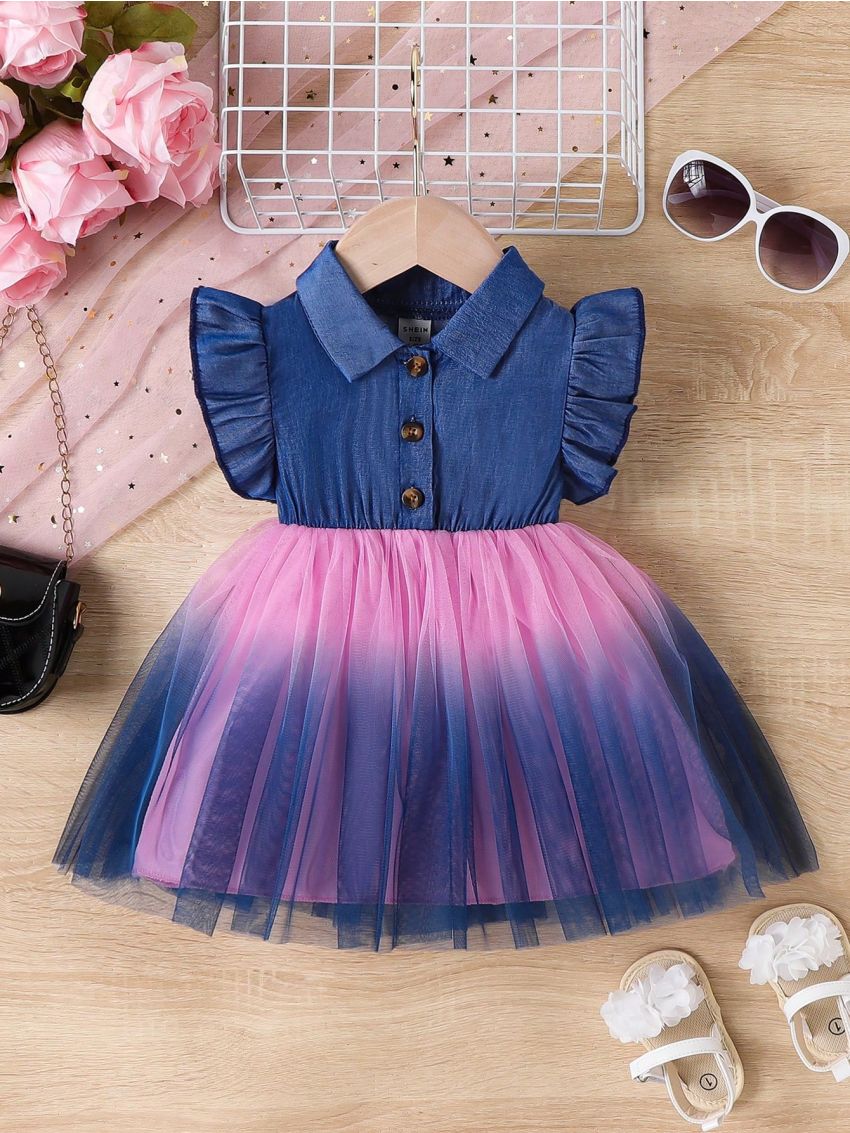 Baby Girls' Summer New Simple Denim Gradient Mesh Dress