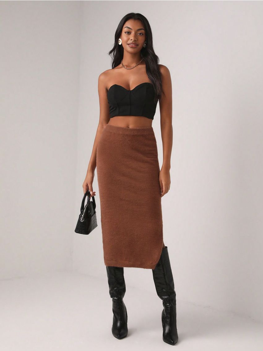 GABRIELLE NTI Solid Split Hem Sweater Skirt