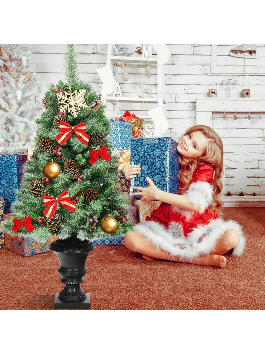 Costway 4 ft Christmas Entrance Tree with Pine Cones Red Berries and Glitter Branches