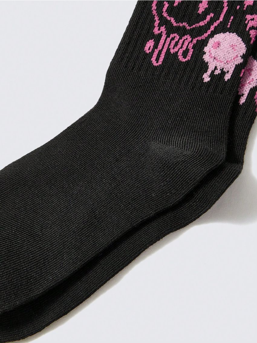JNSQ 1pair Black & Pink Asymmetrical Face Mid-calf Socks