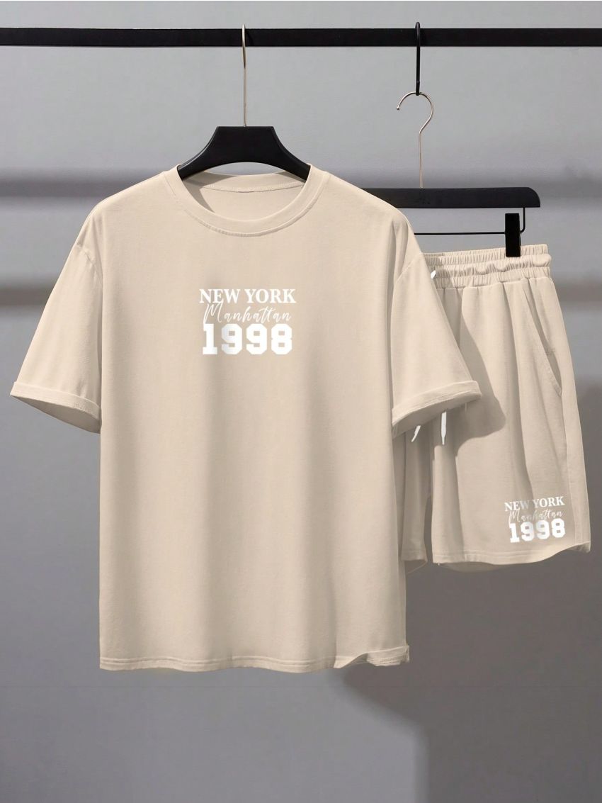 Manfinity Hypemode Men's Loose Fit Casual Letter Printed T-Shirt And Shorts Set