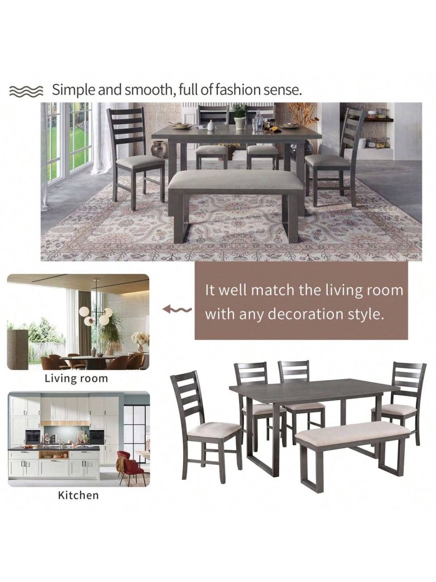 Merax 6-Pieces Family Furniture, Solid Wood Dining Room Set with Rectangular Table & 4 Chairs with Bench(Gray)