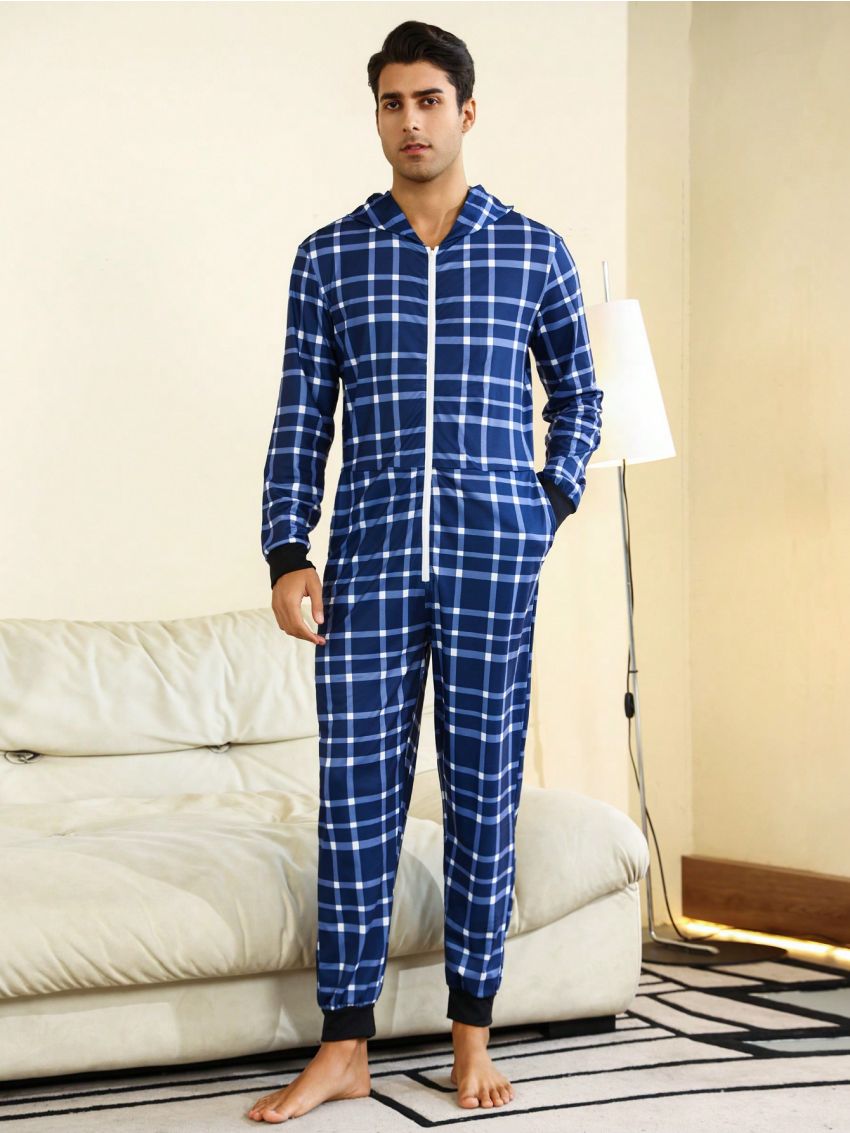 Men's Grid Pattern Zipper Hooded Jumpsuit For Home Wear