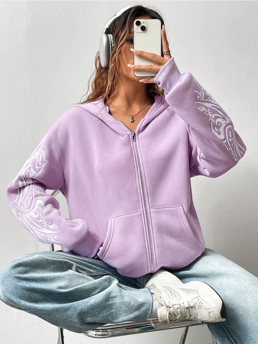 Printed Hooded Zipper Sweatshirt