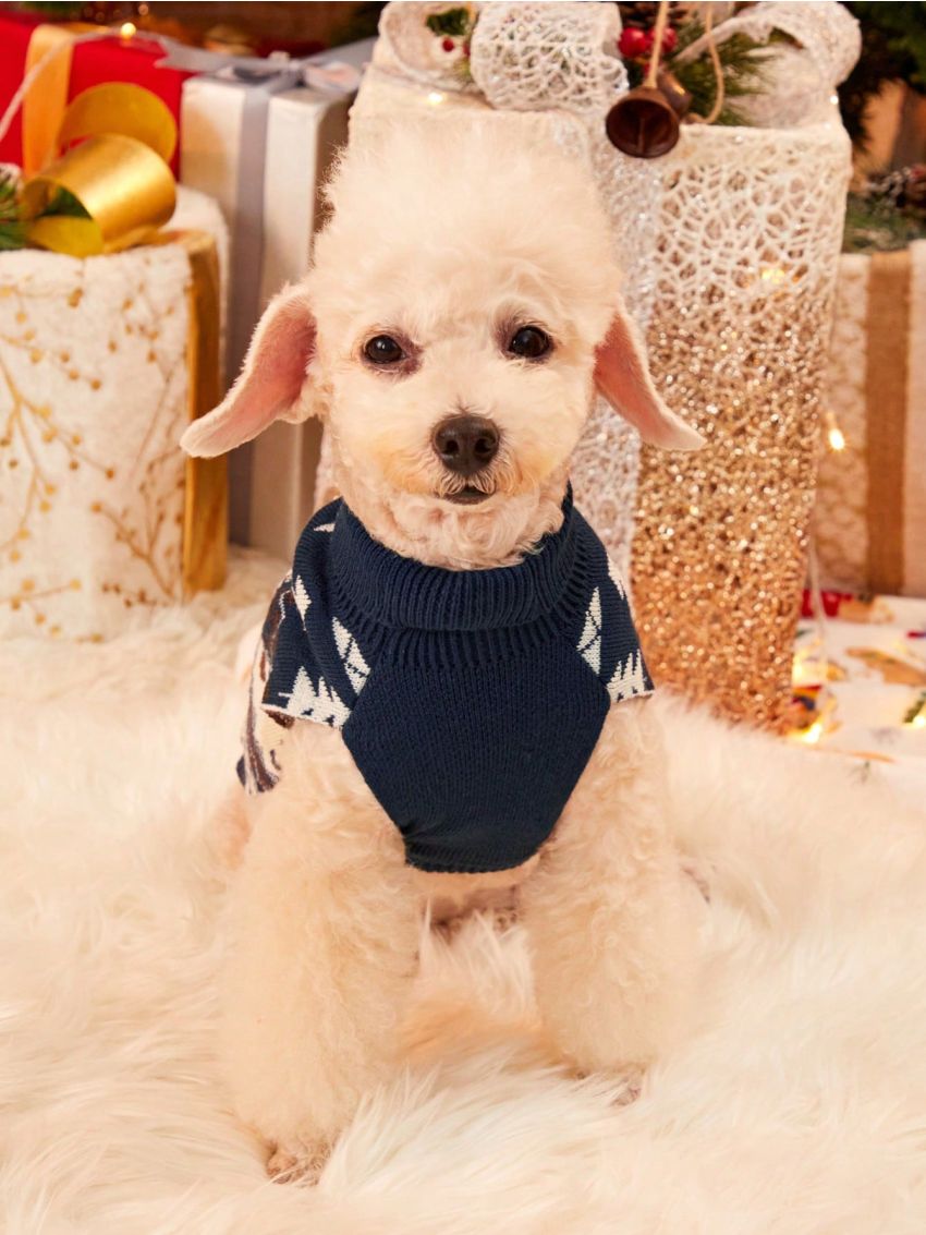 PETSIN Christmas Reindeer & Fair Isle Pattern Blue & White Pet Sweater