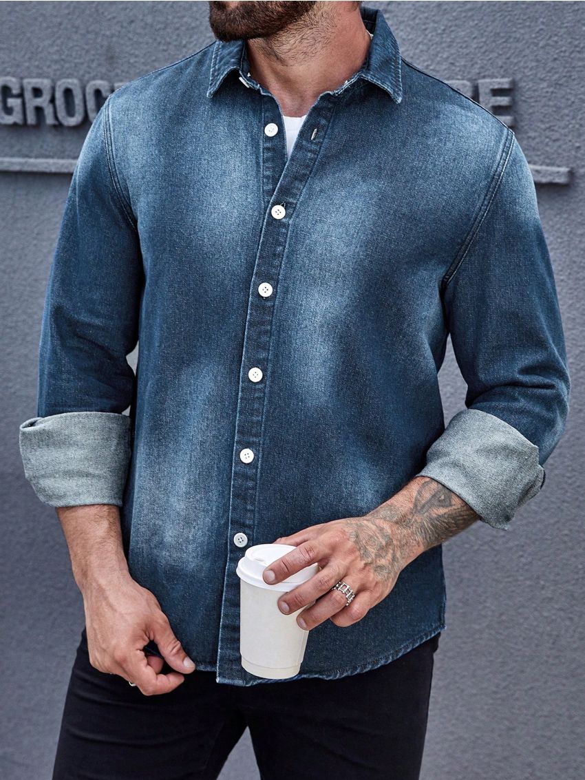 SHEIN Manfinity Homme Men Solid Button Front Denim Shirt