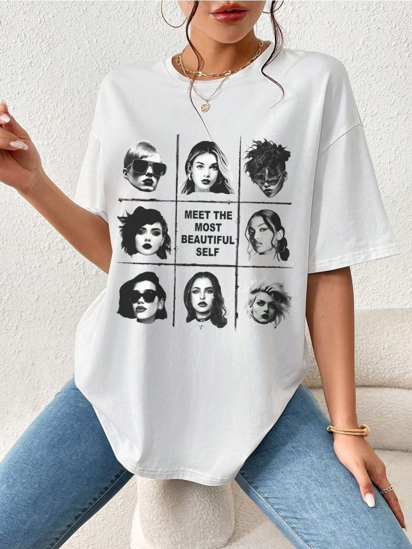 SHEIN Essnce Figure & Slogan Graphic Drop Shoulder Tee