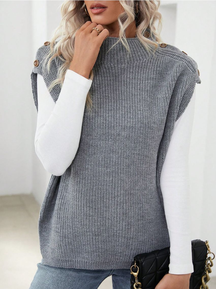 Button Decorated Stand Collar Sweater Vest