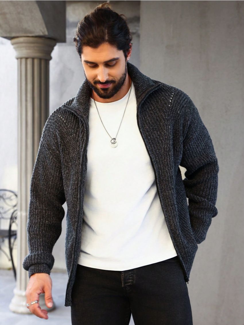 Manfinity Homme Men's Solid Color Zipper Cardigan