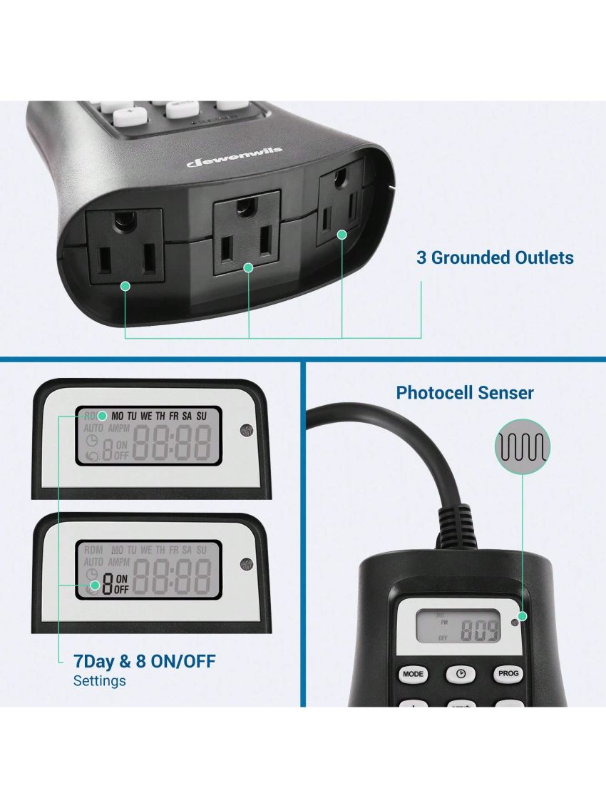 DEWENWILS Outdoor Digital Timer for Halloween Lights, 7-Day Programmable Plug in Timer with 3 Grounded Outlets for Landscape String Light, 15A, 1/3 HP UL Listed