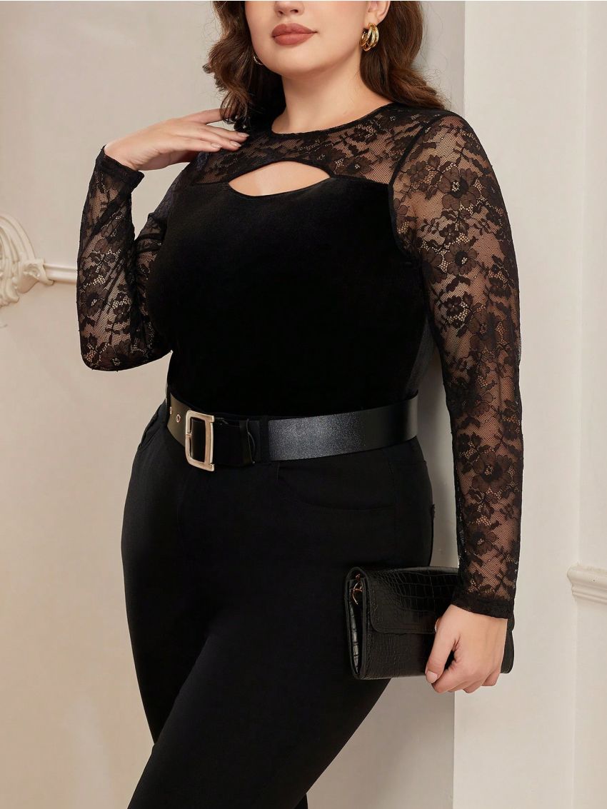 SHEIN Clasi Plus Size Women's Lace Patchwork Hollow Out Blouse