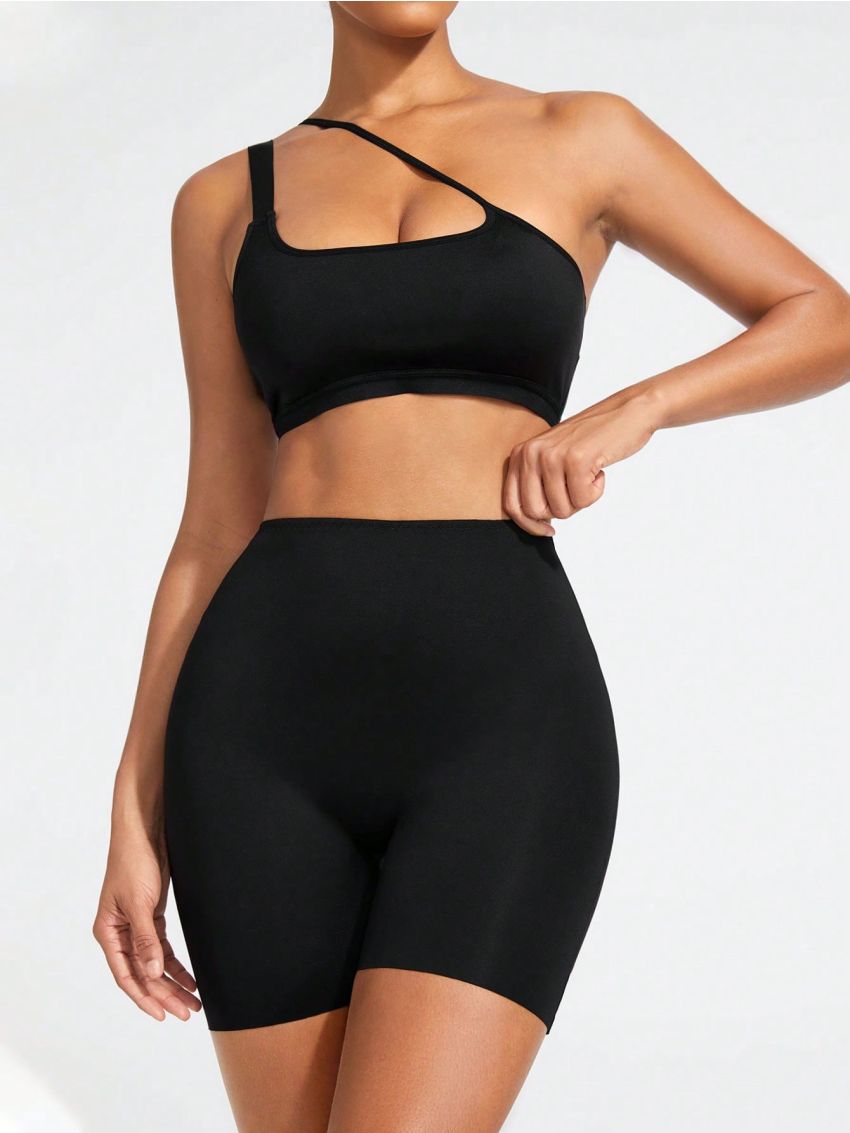 One Shoulder Solid Color Bodysuit Set