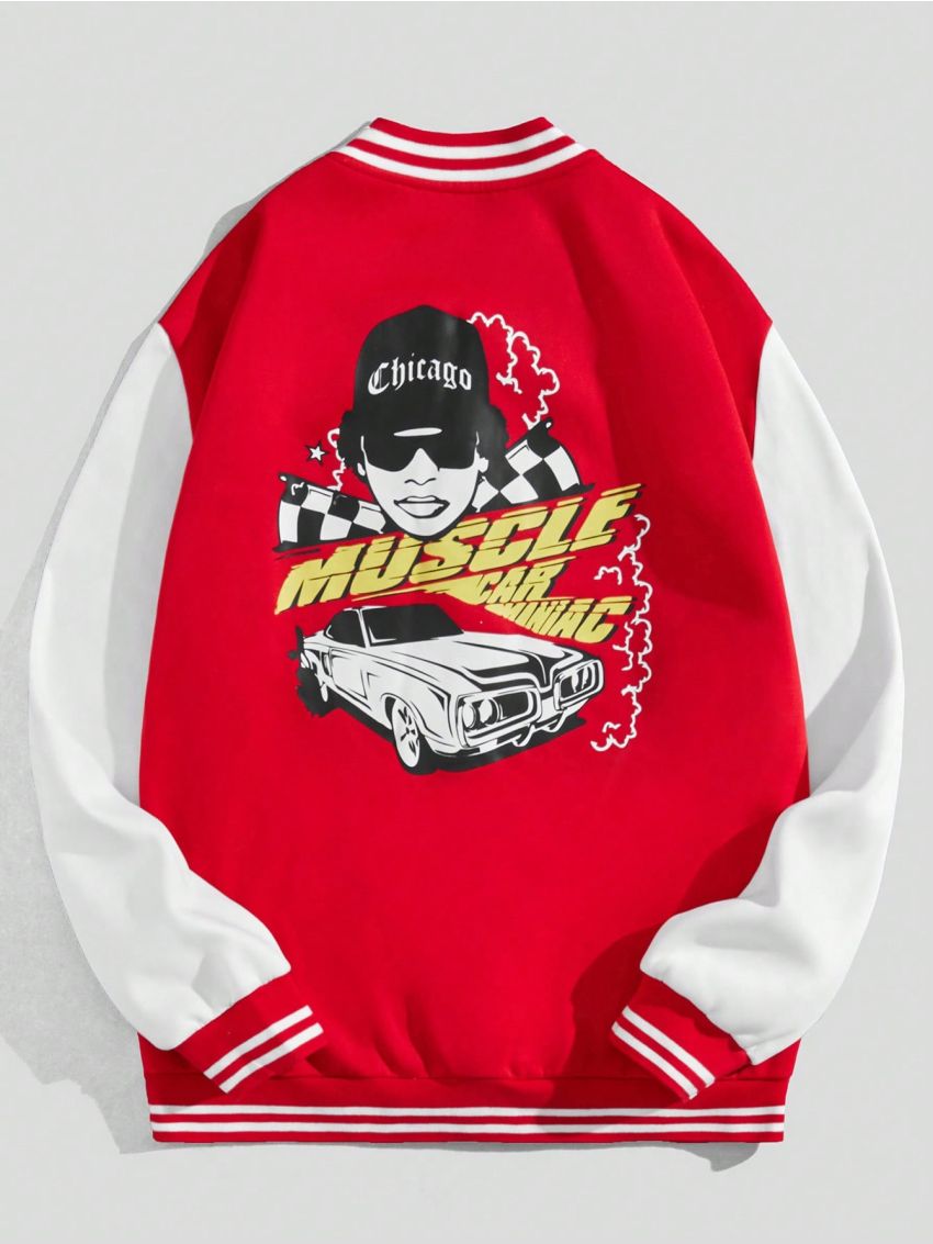 ROMWE Street Life Men's Color-blocked Jacket With Car, Letter, And Character Pattern