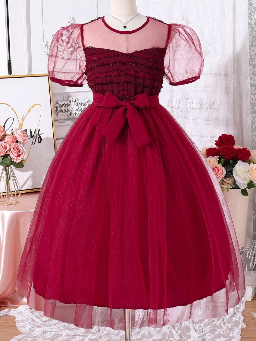 SHEIN Kids HYPEME Tween Girls' Elegant & Fashionable Mesh Patchwork Puff Sleeve Ball Gown Dress